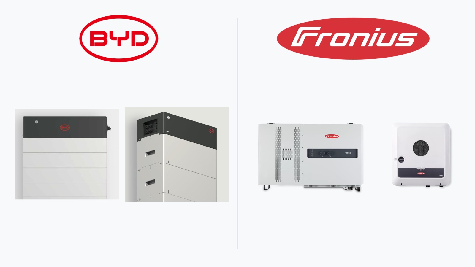 BYD and Fronius logos with BYD Battery-Box batteries and Fronius inverters